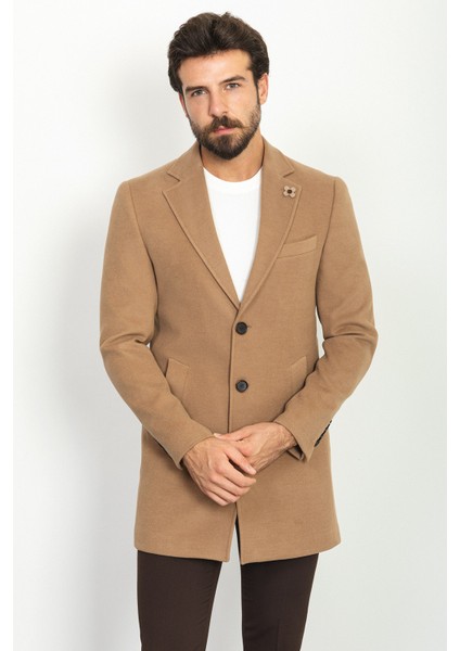 Düz Bej Rengi Slim Fit Mono Yaka Klasik Yün Erkek Kaban