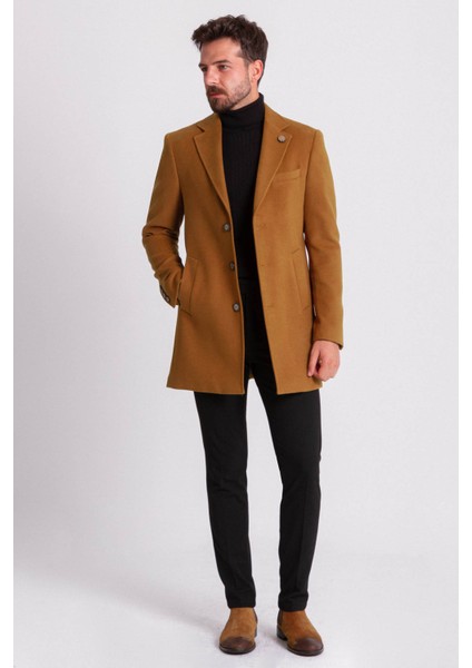 Düz Kamel Rengi Slim Fit Mono Yaka Klasik Yün Erkek Kaban