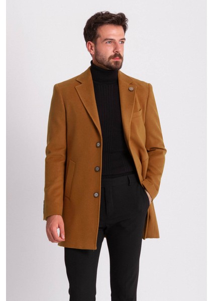 Düz Kamel Rengi Slim Fit Mono Yaka Klasik Yün Erkek Kaban