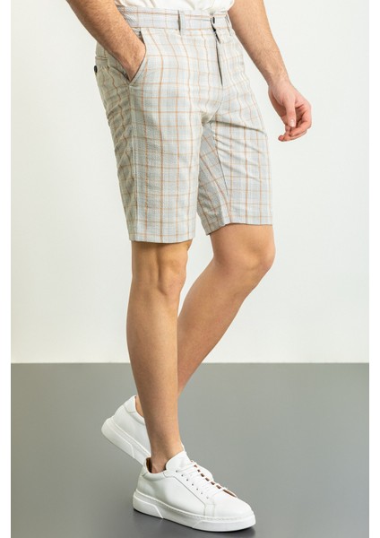 Ekoseli Gri Renk Super Slim Fit Erkek Şort