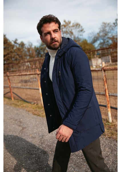 Düz Lacivert Slim Fit Torba Cep Kapüşonlu Erkek Kaban fiyatları