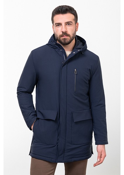 Düz Lacivert Slim Fit Torba Cep Kapüşonlu Erkek Kaban modelleri