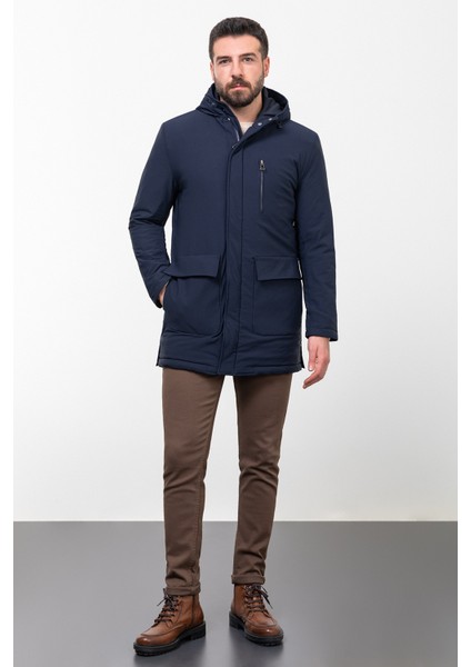 Düz Lacivert Slim Fit Torba Cep Kapüşonlu Erkek Kaban indirimleri