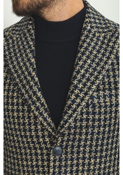 Desenli Lacivert Renk Slim Fit Geniş Yaka Yün Erkek Kaban fiyatları