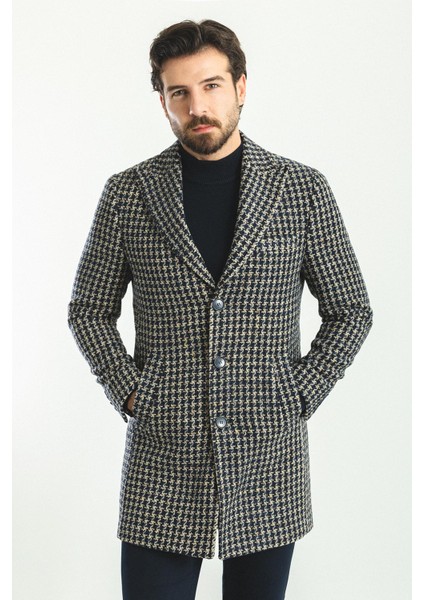 Desenli Lacivert Renk Slim Fit Geniş Yaka Yün Erkek Kaban modelleri