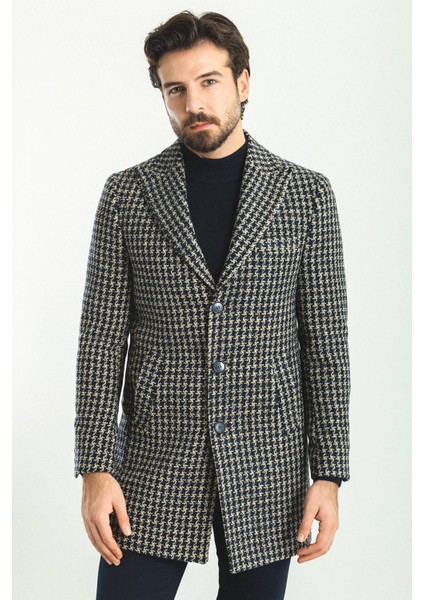 Desenli Lacivert Renk Slim Fit Geniş Yaka Yün Erkek Kaban fırsatları