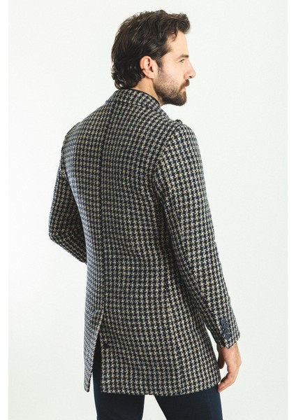 Desenli Lacivert Renk Slim Fit Geniş Yaka Yün Erkek Kaban indirimleri