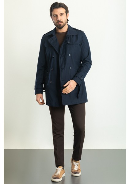 Düz Lacivert Renk Slim Fit Kruvaze Kemerli Erkek Trenchcoat modelleri