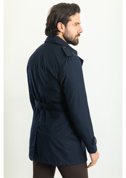 Düz Lacivert Renk Slim Fit Kruvaze Kemerli Erkek Trenchcoat fırsatları