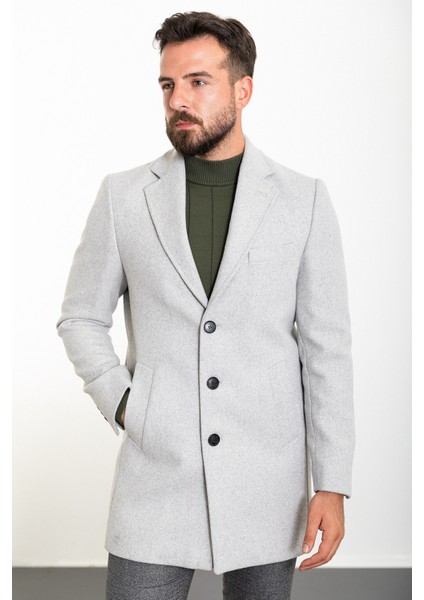 Düz Gri Slim Fit Mono Yaka Kaşe Erkek Kaban