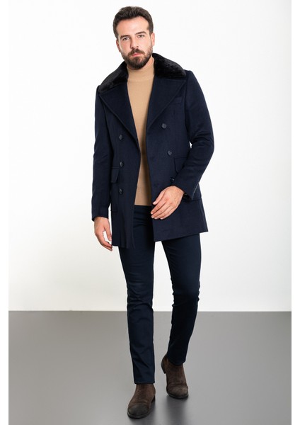Desenli Lacivert Slim Fit Torba Cep Kürklü Geniş Yaka Kruvaze Yün Erkek Kaban fırsatları