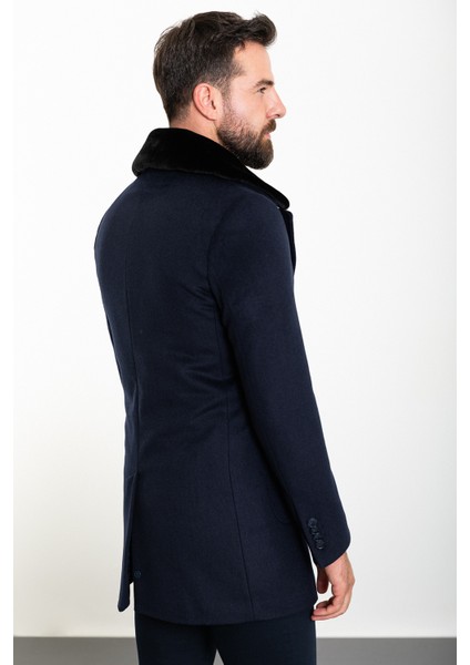 Desenli Lacivert Slim Fit Torba Cep Kürklü Geniş Yaka Kruvaze Yün Erkek Kaban indirimleri