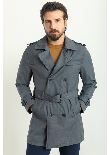 Düz Antrasit Rengi Slim Fit Kruvaze Kemerli Erkek Trenchcoat