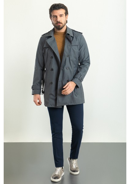 Düz Antrasit Rengi Slim Fit Kruvaze Kemerli Erkek Trenchcoat