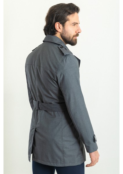 Düz Antrasit Rengi Slim Fit Kruvaze Kemerli Erkek Trenchcoat