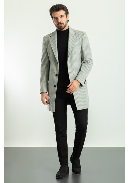 Çizgili Gri Renk Slim Fit Mono Yaka Yün Erkek Kaban modelleri