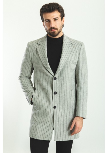 Çizgili Gri Renk Slim Fit Mono Yaka Yün Erkek Kaban fırsatları