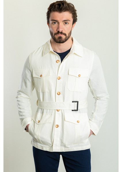 Düz Ekru Rengi Slim Fit Torba Cep Gömlek Yaka Kemerli Keten Erkek Trenchcoat