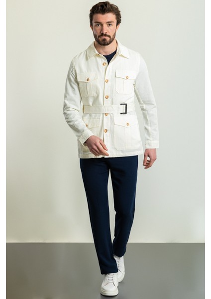 Düz Ekru Rengi Slim Fit Torba Cep Gömlek Yaka Kemerli Keten Erkek Trenchcoat modelleri