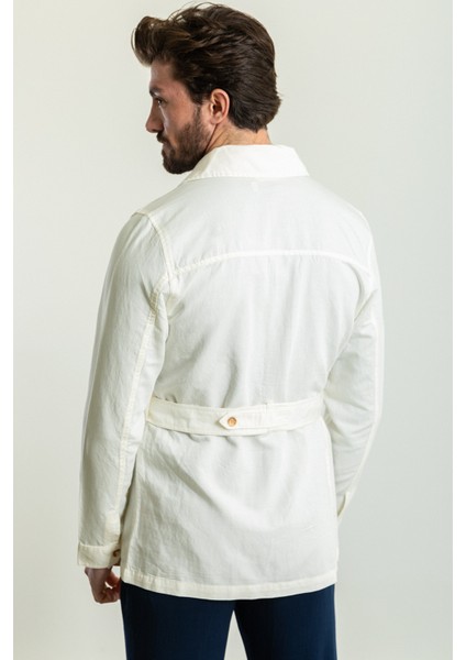 Düz Ekru Rengi Slim Fit Torba Cep Gömlek Yaka Kemerli Keten Erkek Trenchcoat fırsatları