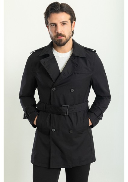 Düz Siyah Renk Slim Fit Kruvaze Kemerli Erkek Trenchcoat