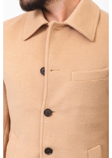 Düz Kamel Rengi Slim Fit Gömlek Yaka Klasik Yün Erkek Kaban fiyatları