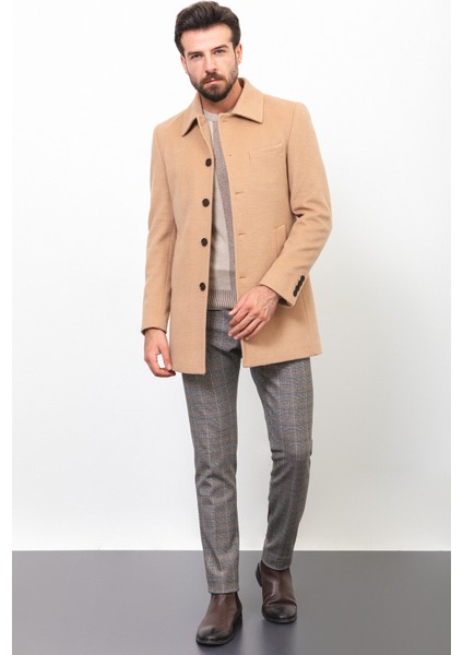 Düz Kamel Rengi Slim Fit Gömlek Yaka Klasik Yün Erkek Kaban modelleri