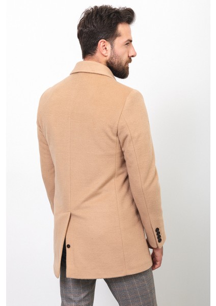 Düz Kamel Rengi Slim Fit Gömlek Yaka Klasik Yün Erkek Kaban fırsatları