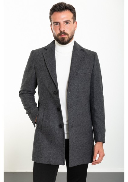 Düz Antrasit Slim Fit Mono Yaka Kaşe Erkek Kaban
