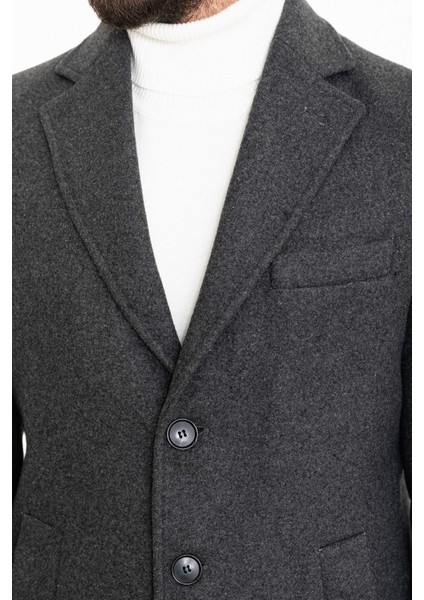 Düz Antrasit Slim Fit Mono Yaka Kaşe Erkek Kaban