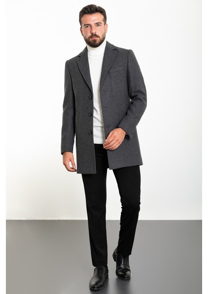 Düz Antrasit Slim Fit Mono Yaka Kaşe Erkek Kaban