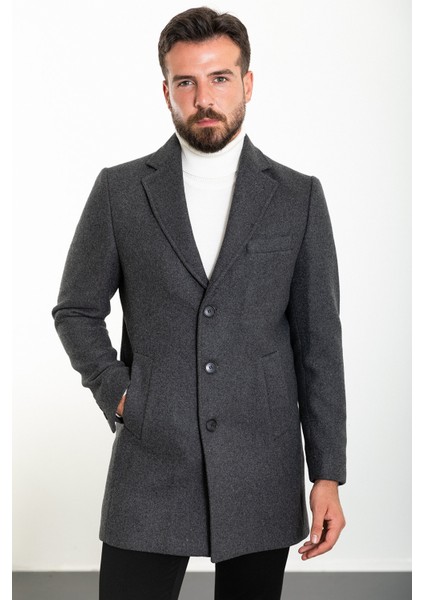 Düz Antrasit Slim Fit Mono Yaka Kaşe Erkek Kaban