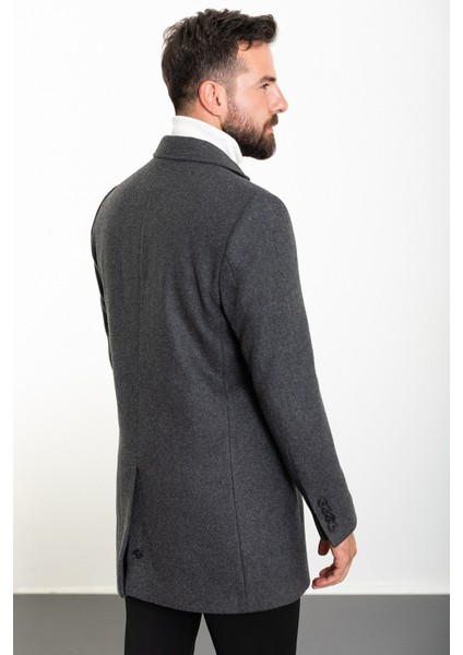 Düz Antrasit Slim Fit Mono Yaka Kaşe Erkek Kaban