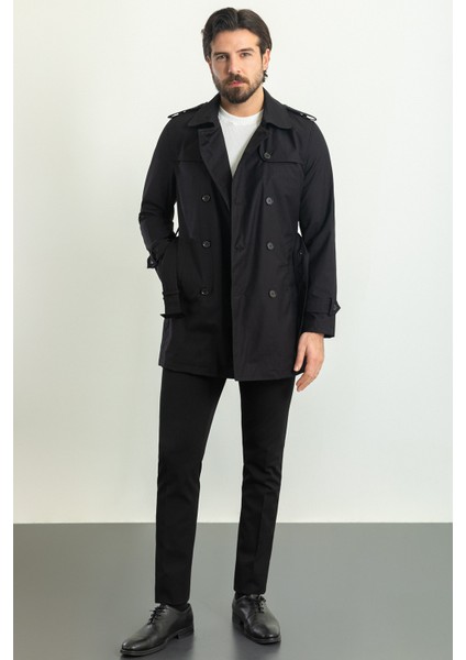 Düz Siyah Renk Slim Fit Kruvaze Kemerli Erkek Trenchcoat modelleri