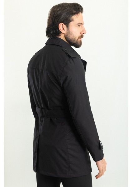 Düz Siyah Renk Slim Fit Kruvaze Kemerli Erkek Trenchcoat fırsatları