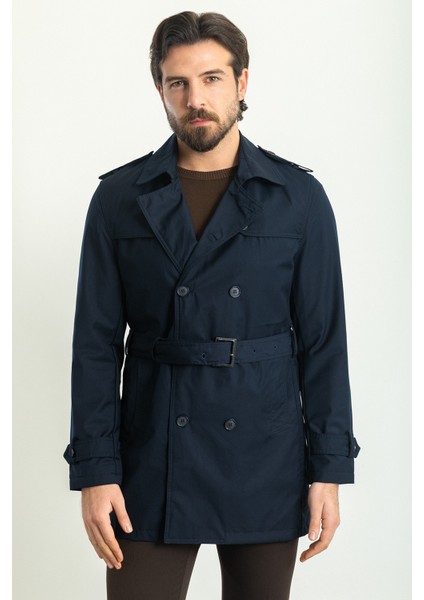 Düz Lacivert Renk Slim Fit Kruvaze Kemerli Erkek Trenchcoat