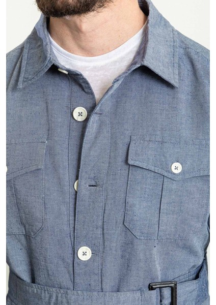 Düz Indigo Rengi Slim Fit Torba Cep Gömlek Yaka Kemerli Keten Erkek Trenchcoat fiyatları