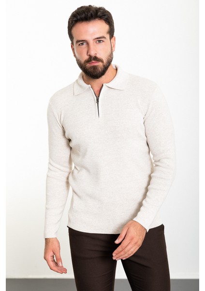 Düz Bej Slim Fit Fermuarlı Polo Yaka Erkek Triko Kazak