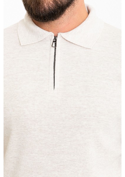 Düz Bej Slim Fit Fermuarlı Polo Yaka Erkek Triko Kazak fiyatları