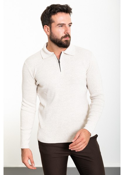 Düz Bej Slim Fit Fermuarlı Polo Yaka Erkek Triko Kazak modelleri