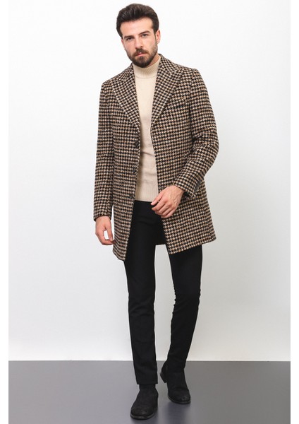 Desenli Siyah Renk Slim Fit Geniş Yaka Yün Erkek Kaban