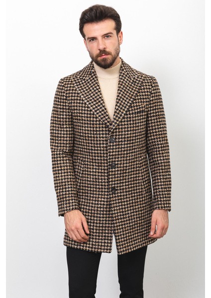 Desenli Siyah Renk Slim Fit Geniş Yaka Yün Erkek Kaban modelleri