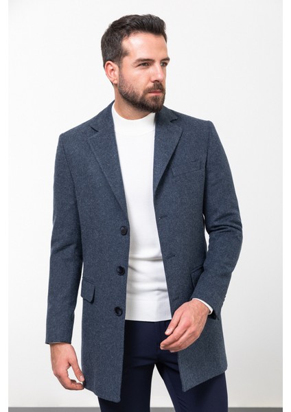 Düz Lacivert Slim Fit Mono Yaka Klasik Kaşe Erkek Kaban