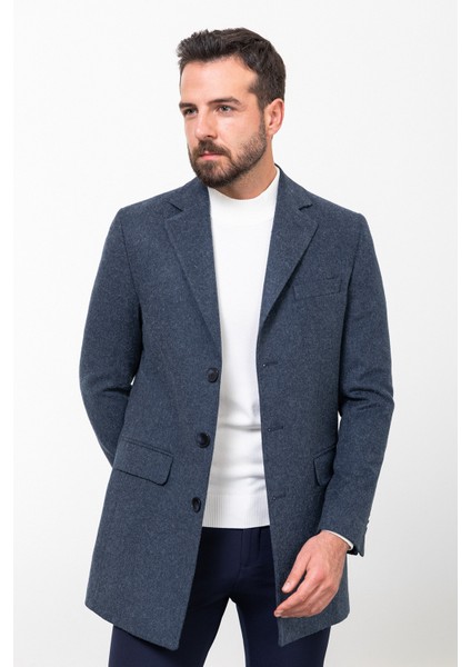 Düz Lacivert Slim Fit Mono Yaka Klasik Kaşe Erkek Kaban fırsatları