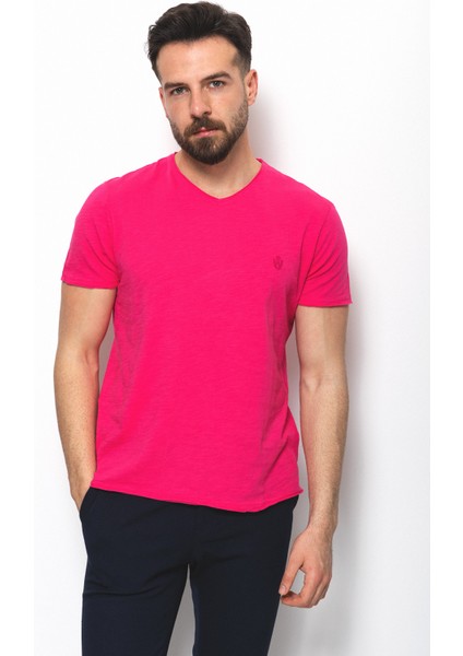 Desenli Pembe Renk Slim Fit V Yaka Basic Erkek T-Shirt