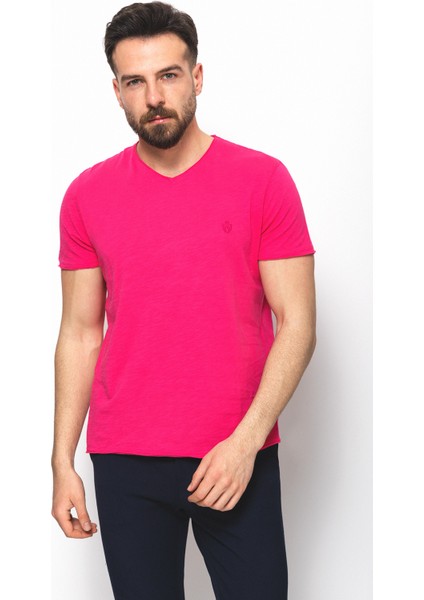 Desenli Pembe Renk Slim Fit V Yaka Basic Erkek T-Shirt