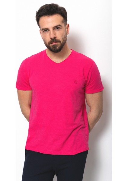 Desenli Pembe Renk Slim Fit V Yaka Basic Erkek T-Shirt