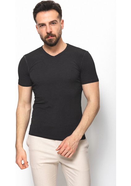 Düz Antrasit Rengi Super Slim Fit V Yaka Basic Erkek T-Shirt