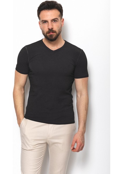 Düz Antrasit Rengi Super Slim Fit V Yaka Basic Erkek T-Shirt