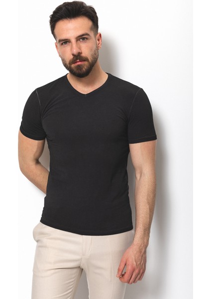 Düz Antrasit Rengi Super Slim Fit V Yaka Basic Erkek T-Shirt